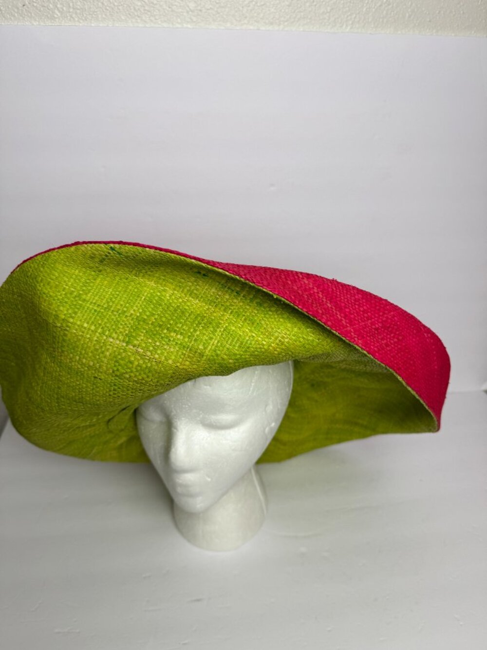 Hand Woven Madagascar Big Brim RAFFIA Sun Hat Pink & Neon Green Sz XL 23.5" - Picture 7 of 12